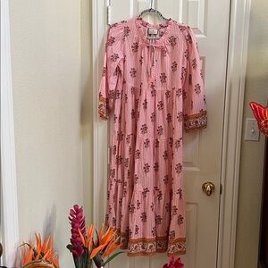 Tuckernuck Pink Orange Red Cream Block Print floral stripes Maxi Dress small